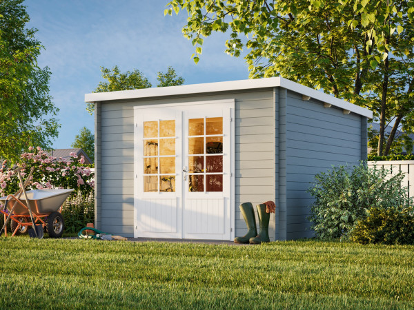 Gartenhaus Ella 8,7 m² 28 mm hellgrau/weiß