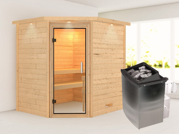 Sauna Massivholzsauna Mia mit Dachkranz, inkl. 9 kW Ofen mit integrierter Steuerung