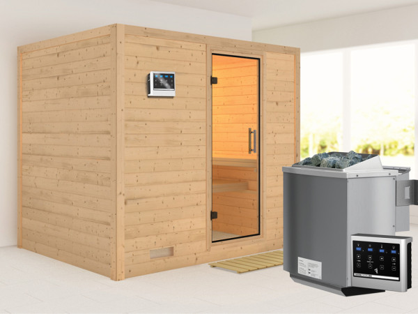 Sauna Massivholzsauna Sonara Klarglas Ganzglastür + 9 kW Bio-Kombiofen mit ext. Strg