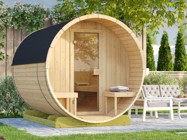Fasssauna mit Ganzglastür inkl. 9 kW Kompakt Saunaofen Naturbelassen