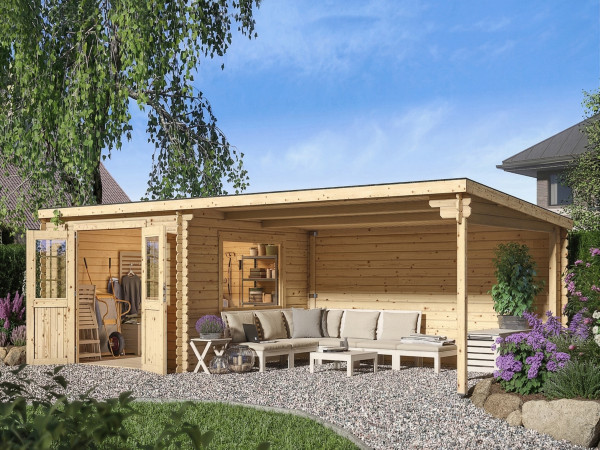 Gartenhaus Blockbohlenhaus CA2978 28 mm naturbelassen mit 4 m Anbau