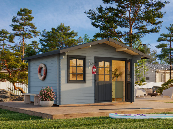Gartenhaus Emma 10,4 m² 34 mm hellgrau/anthrazit