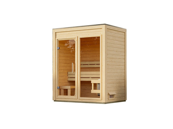 Standardmäßig ohne Ofen. Ein passender Saunaofen ist in unseren Sparsets enthalten.