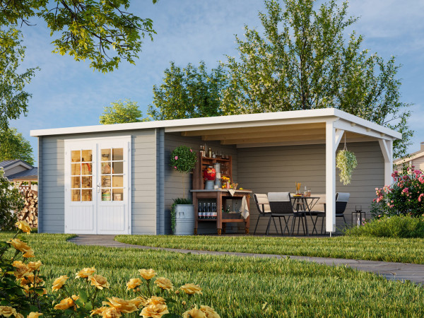 Gartenhaus Ella 8,7+10,0 m² 28 mm hellgrau/anthrazit