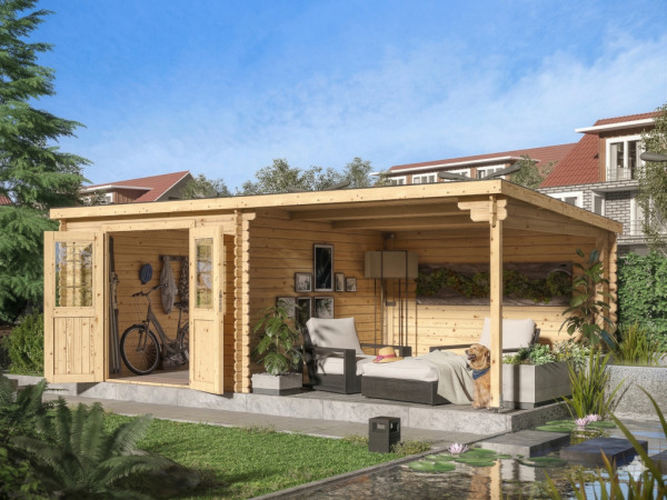 Gartenhaus Blockbohlenhaus CA2977 28 mm naturbelassen mit 3 m Anbau inkl. selbstklebende Dachbahn