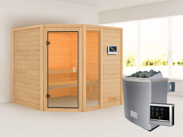 Sauna Tabea mit bronzierter Glastür + 9 kW Saunaofen ext. Strg.