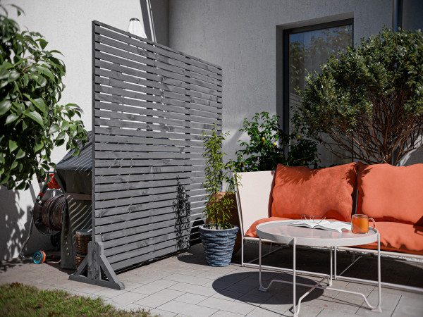 Sichtschutzzaun Lamellenzaun Kiefer Aosta Steingrau