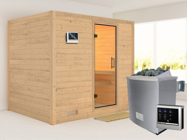 Sauna Massivholzsauna Sonara Klarglas Ganzglastür + 9 kW Saunaofen mit ext.Strg