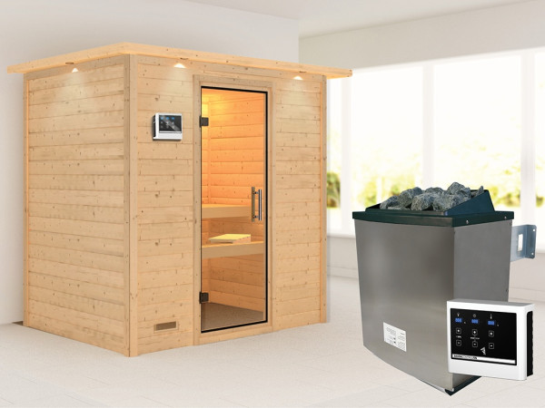 Sauna Massivholzsauna Sonja mit Dachkranz, inkl. 9 kW Ofen mit externer Steuerung