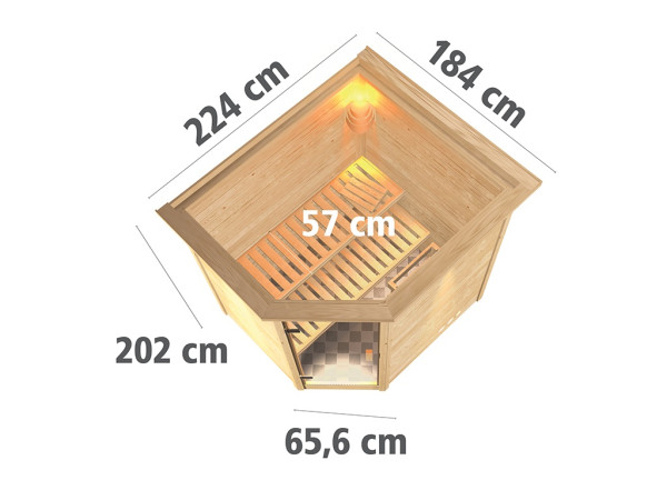 Sauna Massivholzsauna Mia mit Dachkranz, inkl. 9 kW Ofen mit externer Steuerung