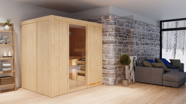 Sauna Systemsauna Bodin mit Dachkranz, inkl. 9 kW Bio-Ofen mit externer Steuerung
