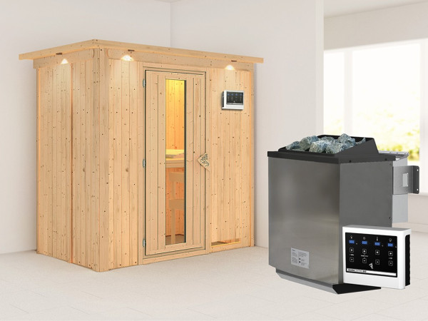 Sauna Systemsauna Variado mit Dachkranz, inkl. 9 kW Bio-Ofen mit externer Steuerung