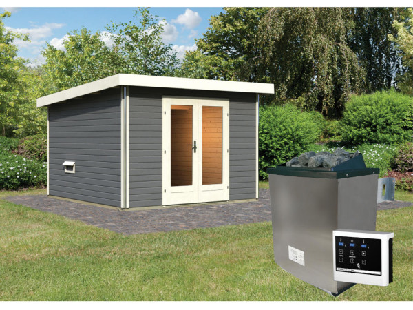 Saunahaus Mainburg 1 terragrau 38 mm inkl. klassischer Saunaofen 9 kW + ext. Steuerung