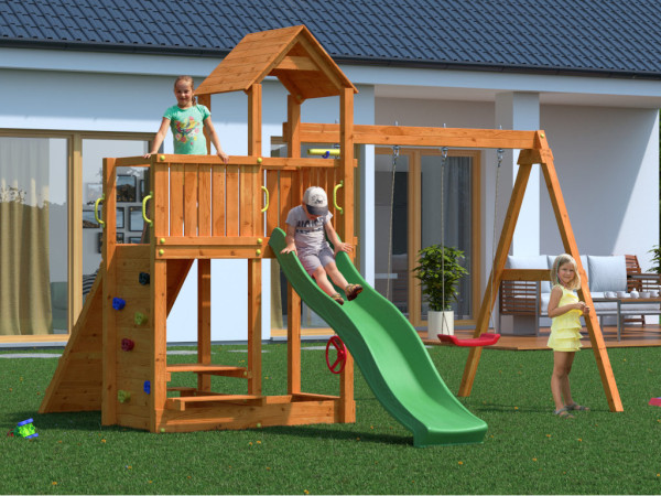 Spielturm Floppi teakfarben inkl. Doppelschaukel + Rutsche grün