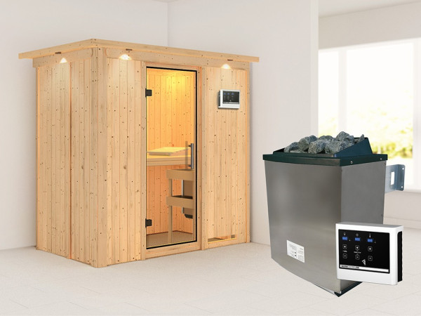 Sauna Systemsauna Variado mit Dachkranz, inkl. 9 kW Ofen mit externer Steuerung