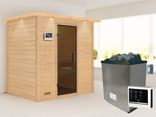 Sauna Massivholzsauna Sonja mit Dachkranz, inkl. 9 kW Ofen mit externer Steuerung