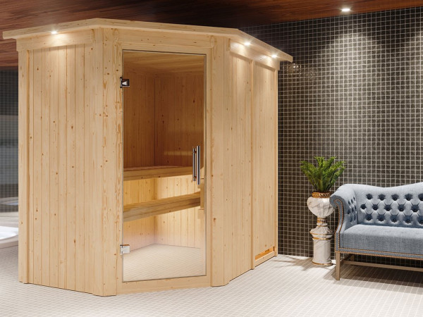 Sauna Systemsauna Carin mit Dachkranz, inkl. 9 kW Ofen mit integrierter Steuerung