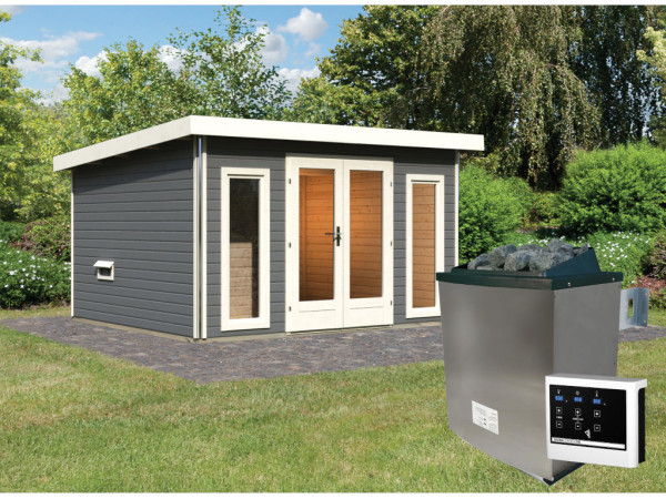 Saunahaus Mainburg 2 terragrau 38 mm inkl. Bio-Kombiofen 9 kW + ext. Steuerung