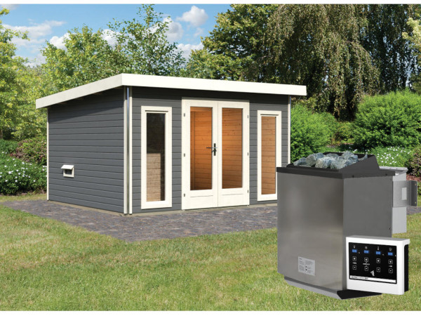 Saunahaus Mainburg 2 terragrau 38 mm inkl. Bio-Kombiofen 9 kW + ext. Steuerung