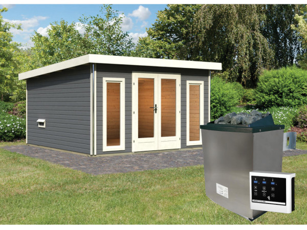 Saunahaus Mainburg 3 terragrau 38 mm inkl. klassischer Saunaofen 9 kW + ext. Steuerung
