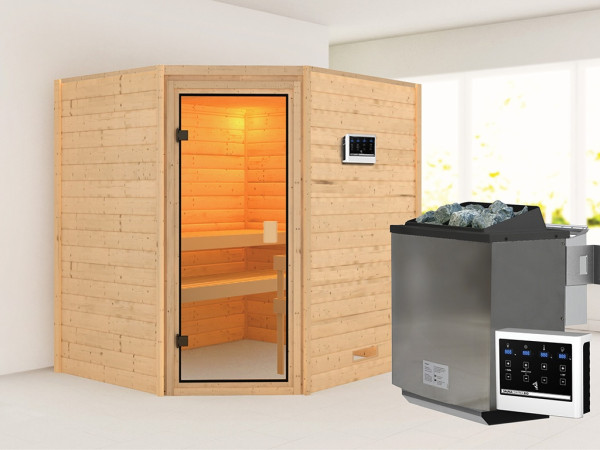 Sauna Massivholzsauna Mia, inkl. 9 kW Bio-Ofen mit externer Steuerung