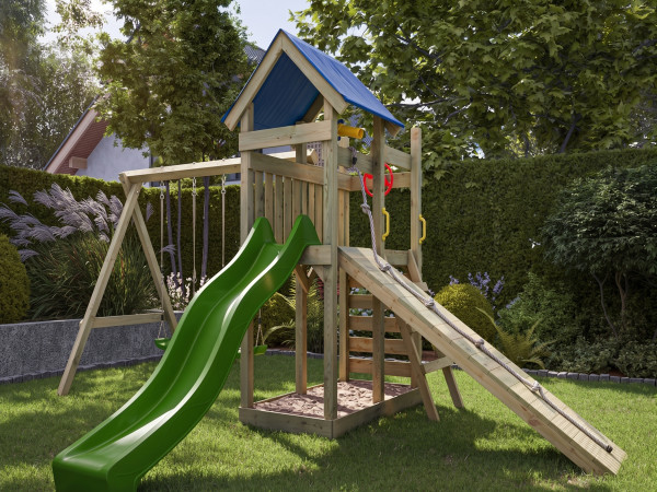 Spielturm Hefty KDI inkl. Doppelschaukel inkl. Rutsche grün + Sitze grün