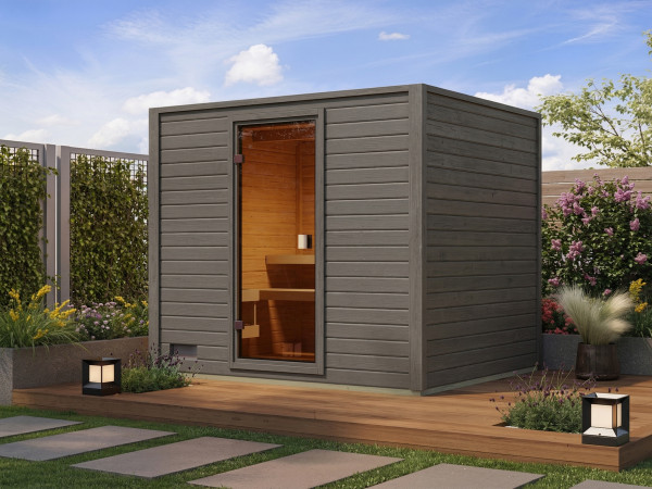 Gartensauna Lenchen 3 terragrau mit bronzierter Ganzglastür
