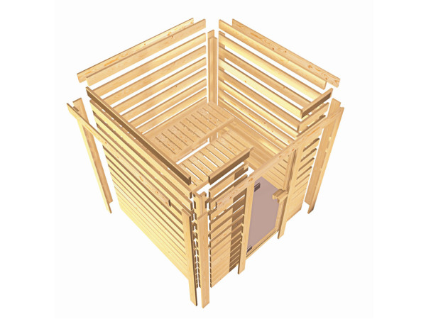 Massivholzsauna 38 mm Stefanie inkl. 6,8 kW Saunaofen Glow und ext. Steuerung