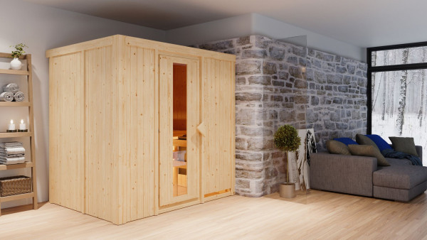 Sauna Bodin mit isolierter Holztür SET naturbelassen mit Ofen 9 kW Bio ext. Strg. Easy
