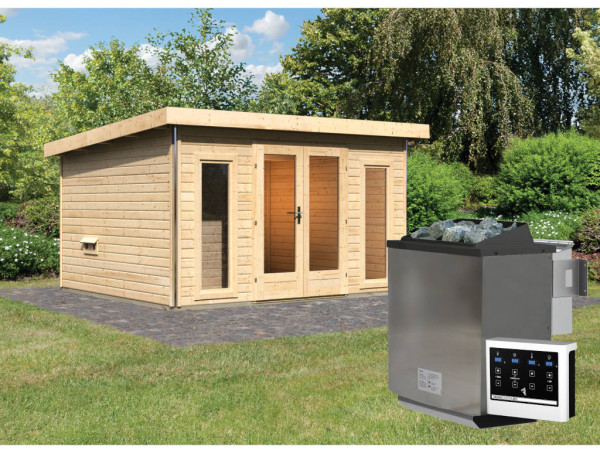 Saunahaus Mainburg 2 naturbelassen 38 mm inkl. Bio-Kombiofen 9 kW + ext. Steuerung