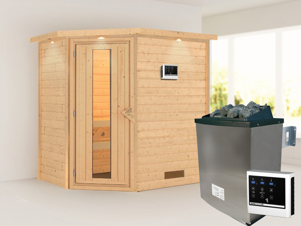 Sauna Massivholzsauna Svea mit Dachkranz, inkl. 9 kW Ofen mit externer Steuerung