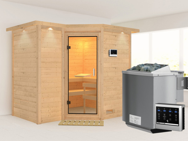 Sauna Massivholzsauna Sahib 2 mit Dachkranz, Klarglas Ganzglastür + 9 kW Bio-Kombiofen mit ext.Strg
