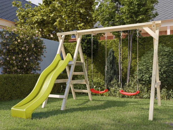 Doppelschaukel mit Podest Cosy Double KDI inkl. Rutsche gelb + 2 Schaukelsitze rot