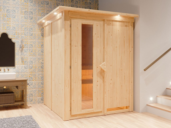 Sauna Systemsauna Norin mit Dachkranz, inkl. 9 kW Ofen mit integrierter Steuerung