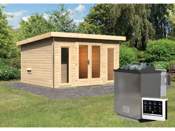 Saunahaus Mainburg 2 naturbelassen 38 mm inkl. Bio-Kombiofen 9 kW + ext. Steuerung