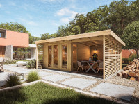 Gartenhaus Homeoffice Arvo 28 mm naturbelassen mit 250 cm Anbau Gartenhaus Homeoffice Arvo 28 mm naturbelassen mit 250 cm Anbau