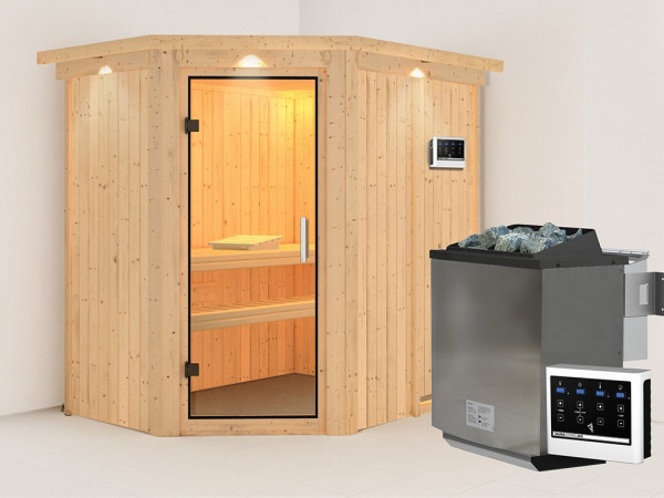 Sauna Systemsauna Carin mit Dachkranz, inkl. 9 kW Bio-Ofen mit externer Steuerung