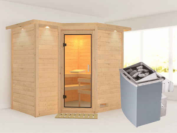 Sauna Massivholzsauna Sahib 2 mit Dachkranz, Klarglas Ganzglastür + 9 kW Saunaofen mit Steuerung